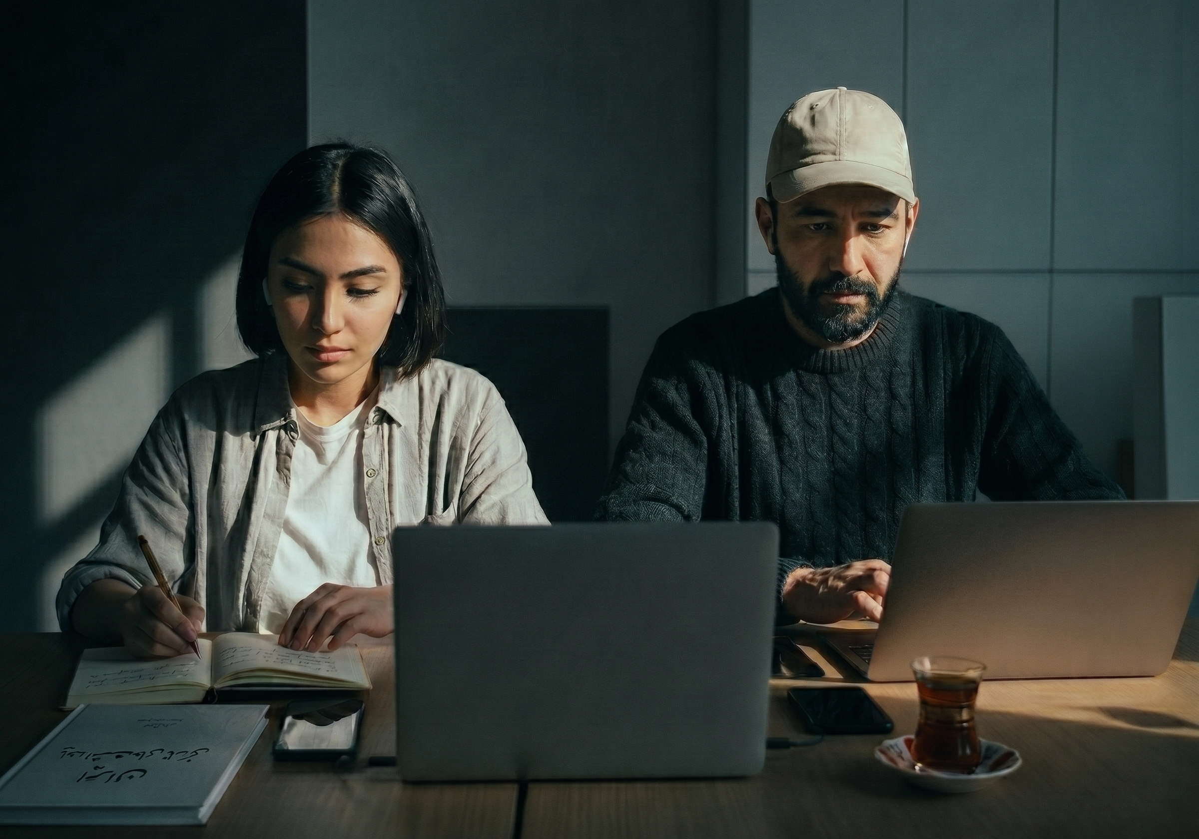 Two people sitting at a table in a dimly lit room